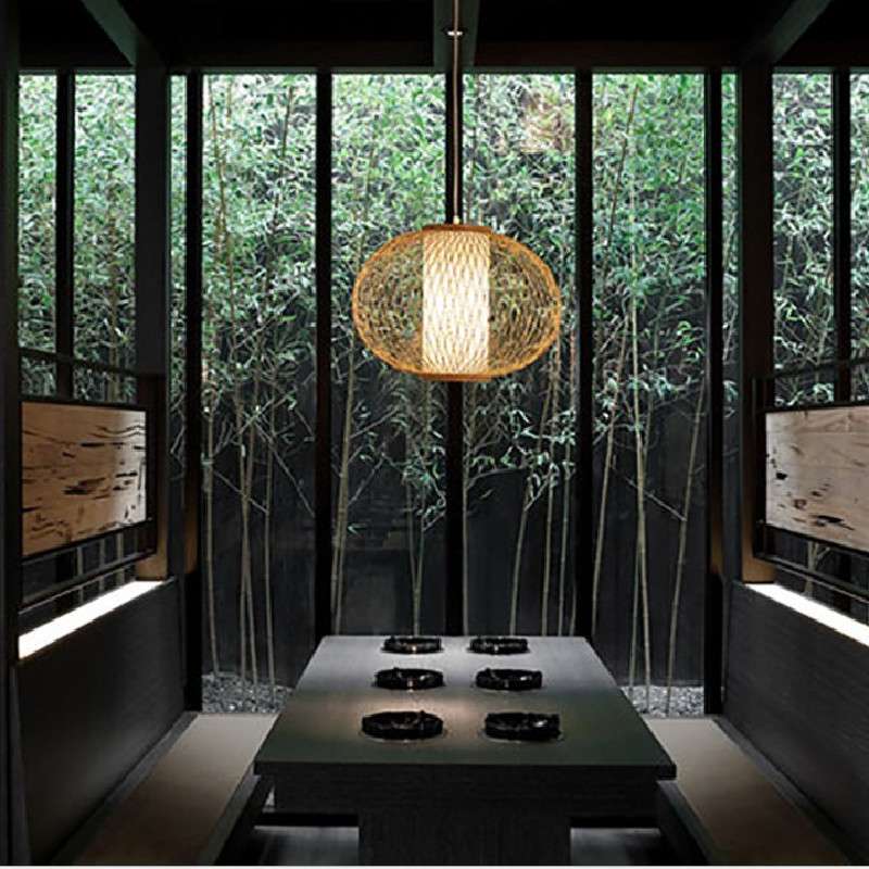 中式餐厅吊灯竹竹编灯茶楼商业照明灯具圆形布罩创意灯餐厅工程灯