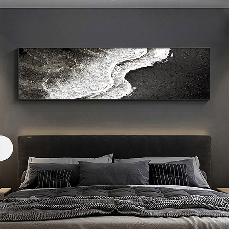 大海风景卧室画卧床头装饰画黑白抽象客厅挂画级感背景墙壁画