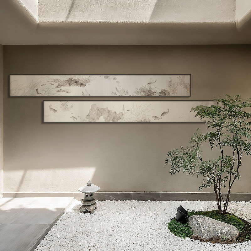 新横幅游鱼多装饰画酒店样板房软装挂画沙发背景墙侘寂璧画