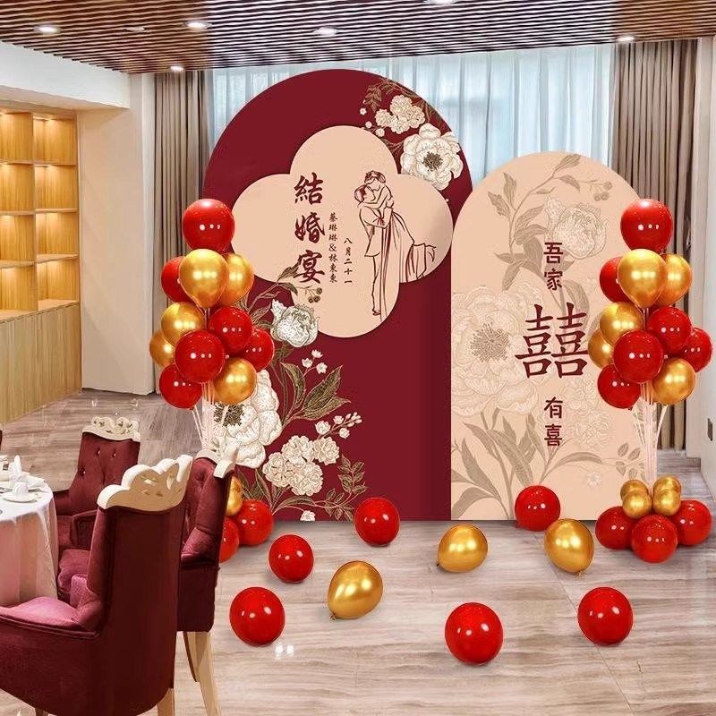 婚礼结婚订婚宴背景墙布置板迎宾签到留影区气球红装场景