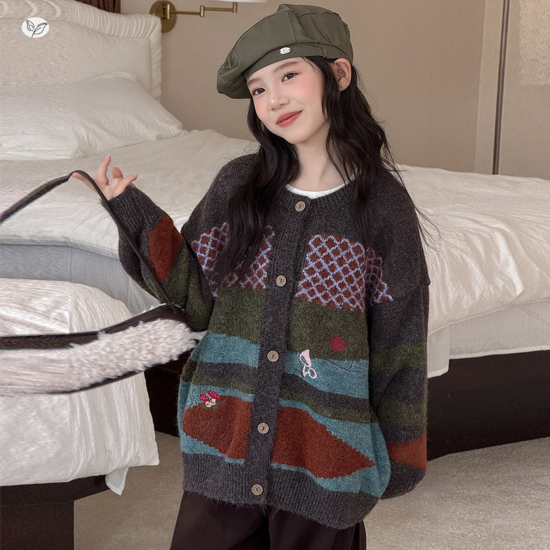女童2026秋季韩版复古拼色提花开衫毛衣外套中大童外穿针织衫加厚