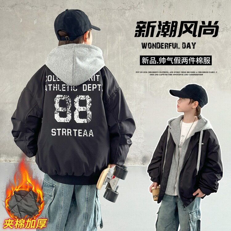 男童2026秋冬新款夹棉夹克儿童连帽棉服冬款中大童洋气假两件上衣