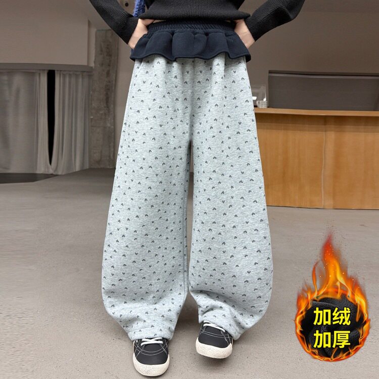 女童波点加绒阔腿裤2026秋冬款儿童女孩直筒裤宽松裤中大童长裤