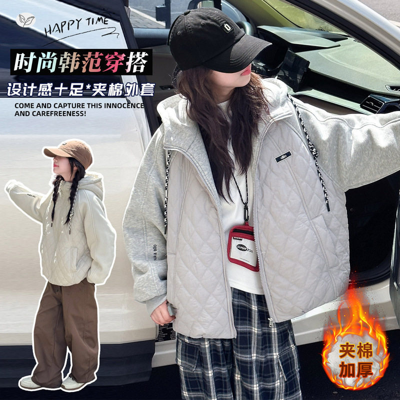 女童冬季新款韩版贴吧绗棉连帽外套中大童连帽加厚保暖卫衣棉服潮