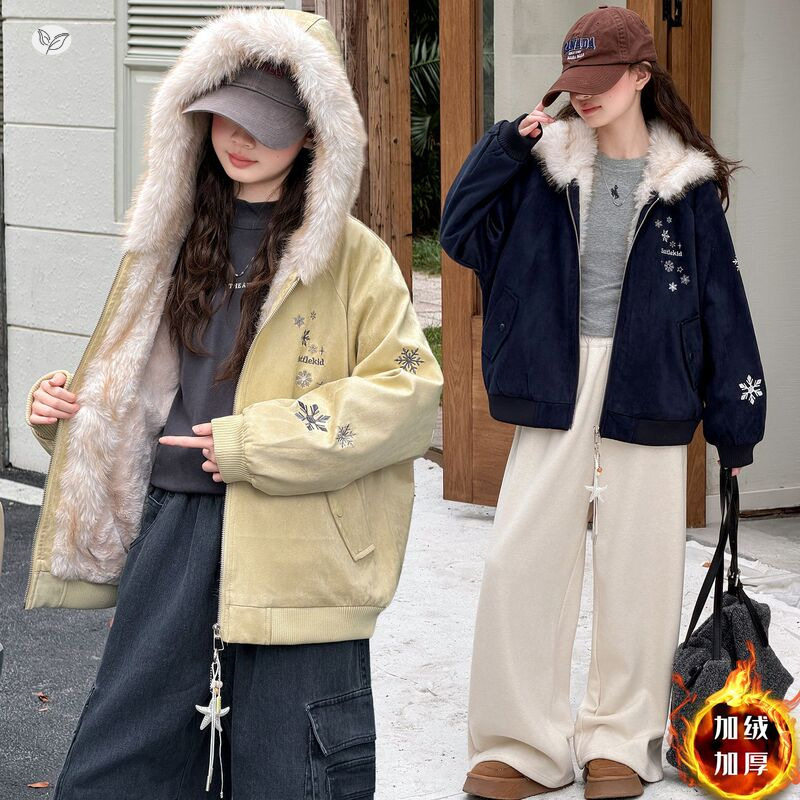 女童冬款加绒加厚毛领连帽棉衣中大童洋气保暖麂皮绒仿水貂毛外套