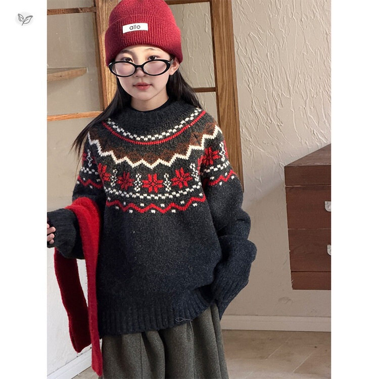 女童秋冬新款韩版加厚费尔岛套头毛衣中大童女孩圣诞针织衫上衣潮
