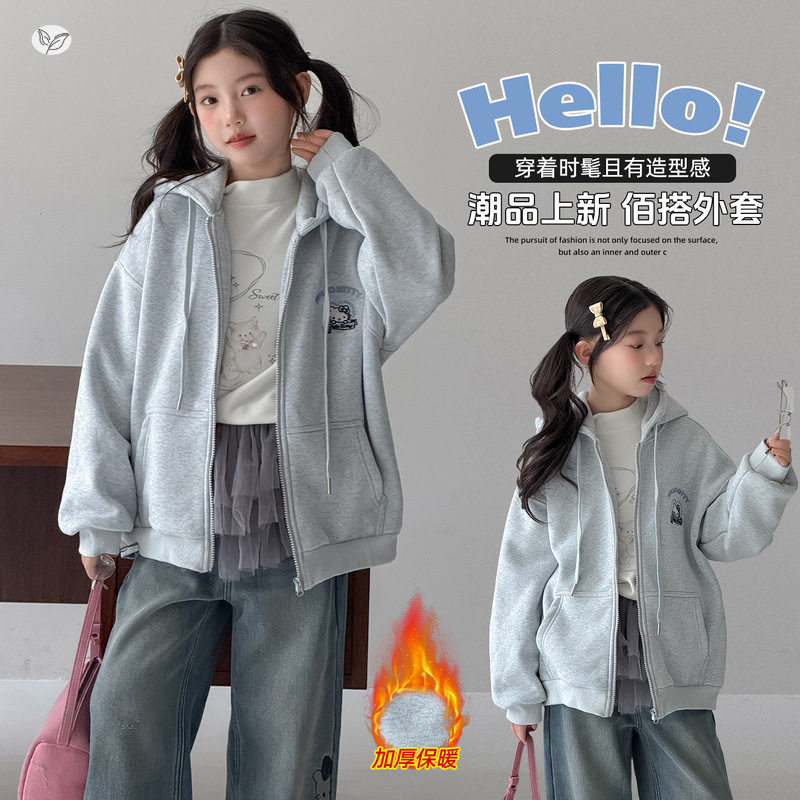 女童秋冬款加绒加厚猫咪外套牛仔裤打底衫中大童保暖一体绒韩系潮