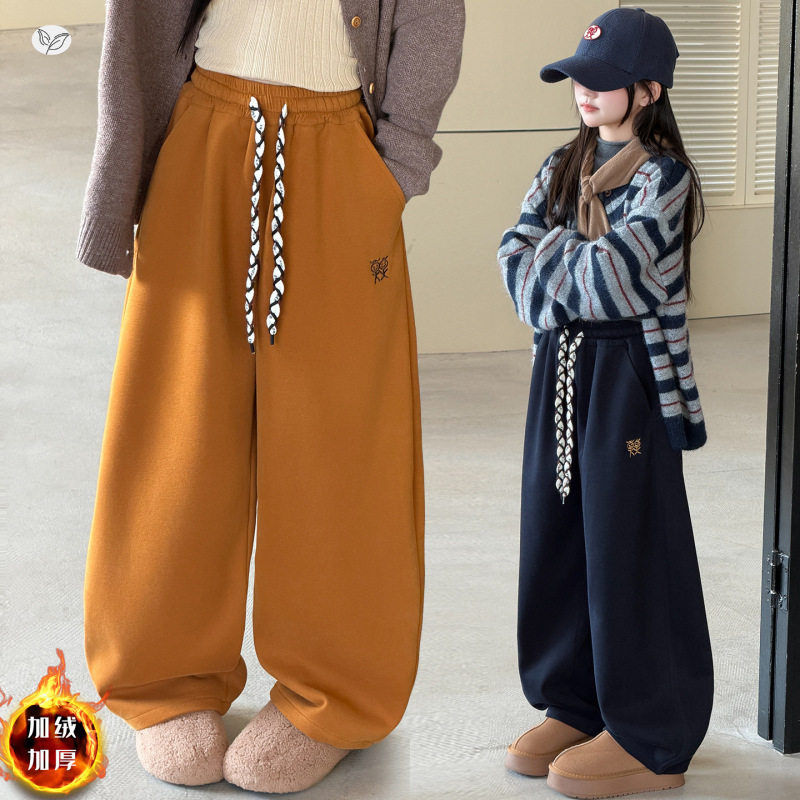 女童秋冬季加绒加厚休闲卫裤中大童运动阔腿裤韩版宽松舒适弯刀裤