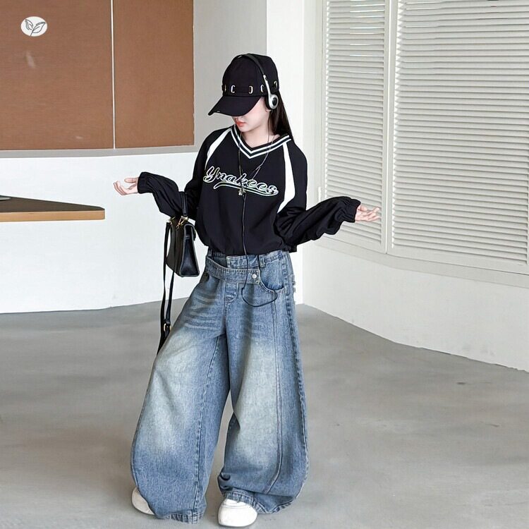 女童秋季新款休闲高腰设计感牛仔裤中大童学生弯刀裤春秋阔腿裤潮