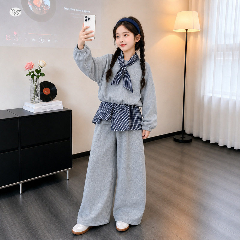 女童秋装韩系套装2026新款中大童卫衣格子屁帘阔腿裤运动服两件套