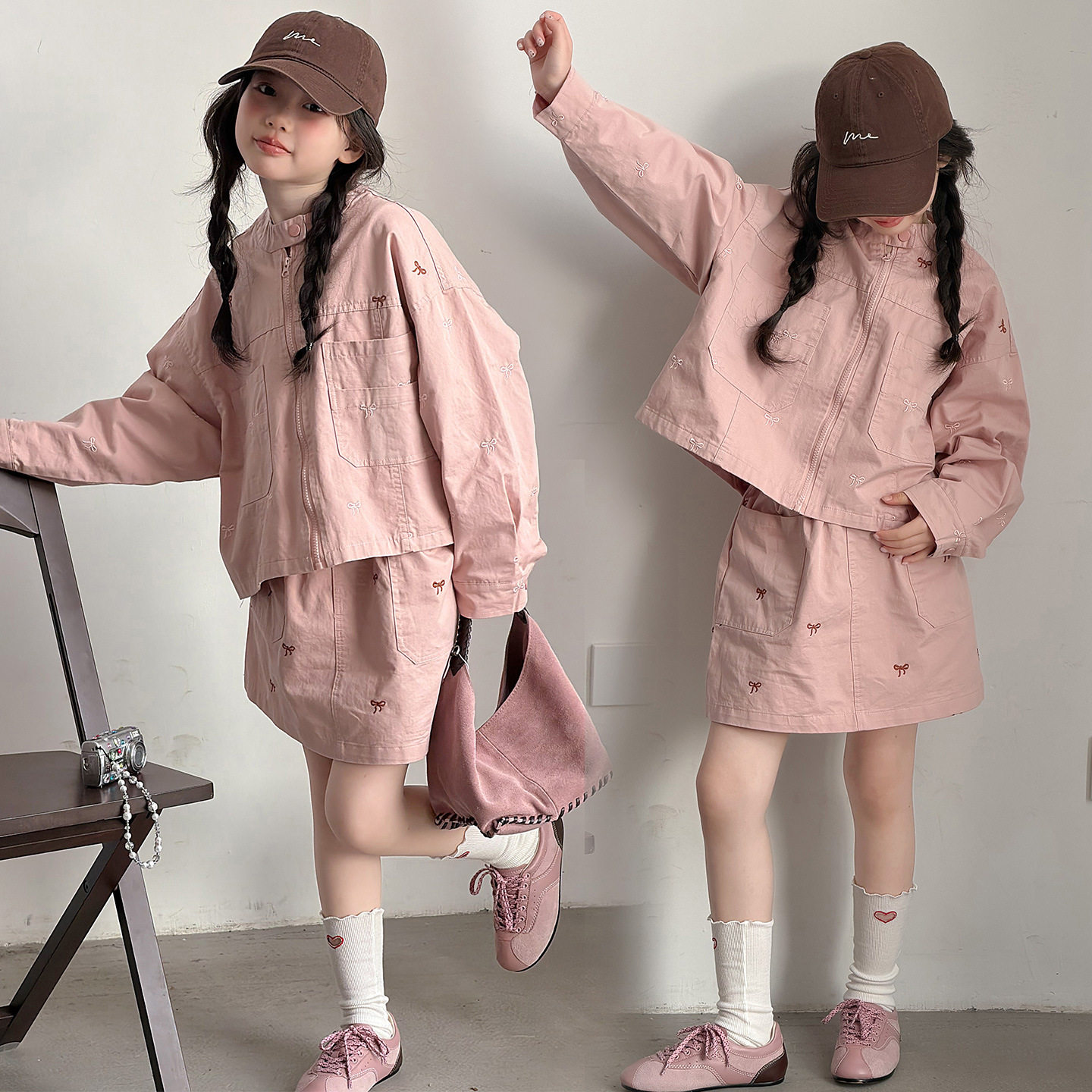 女童韩范套装2026新款秋季儿童女孩洋气百搭蝴蝶结外套半裙两件套