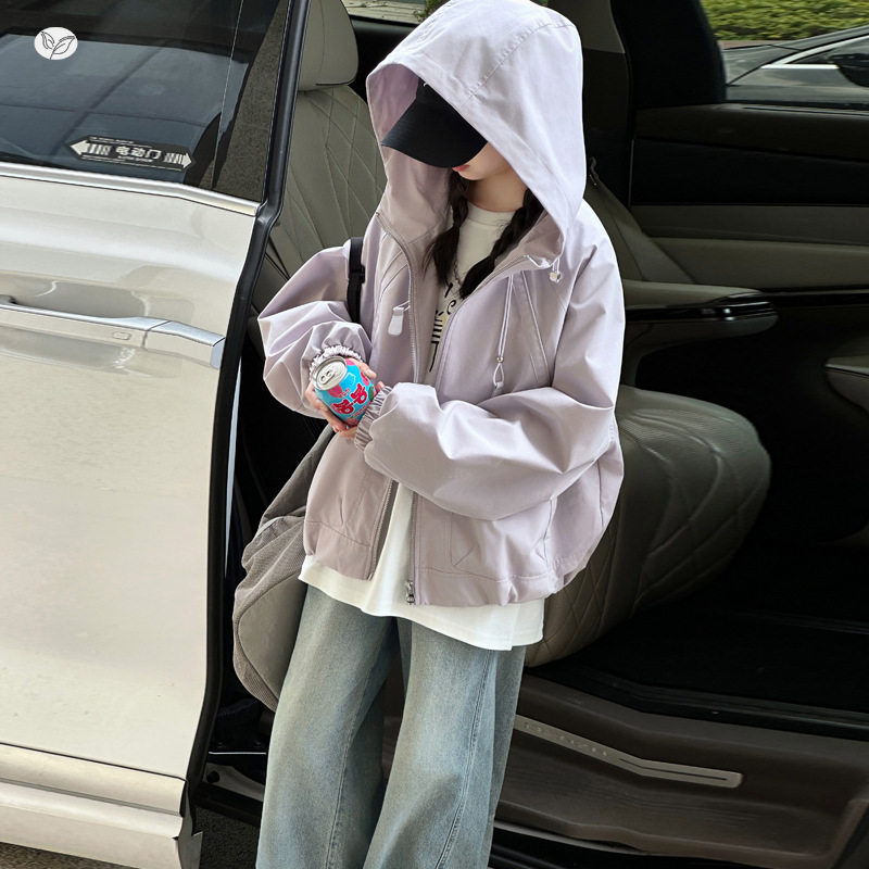女童秋款连帽外套2026新款女大童拉链衫冲锋衣女孩洋气简约上衣秋