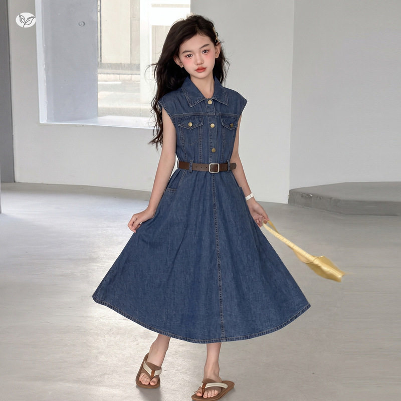 女童天丝牛仔连衣裙2026夏款中大童轻薄无袖衬衫裙学院风儿童长裙