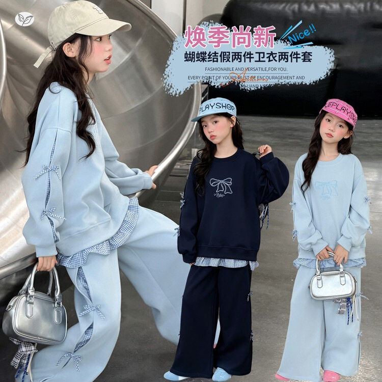 女童秋季新款休闲蝴蝶结卫衣套装中大童百搭套头上衣阔腿裤卫裤潮