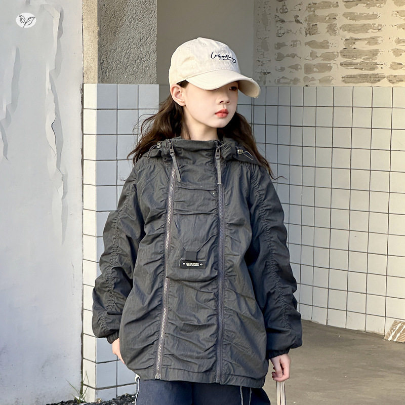 女童连帽外套2026秋季新款中大童工装风双拉链抽皱夹克衫秋装开衫