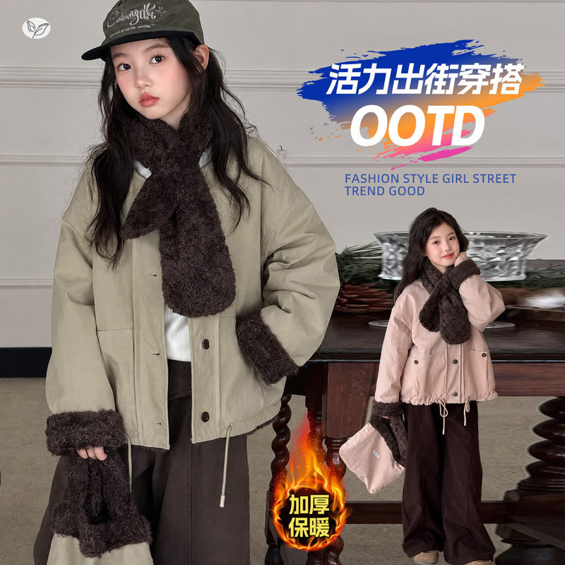 女童冬季2026韩版时尚围脖款加厚毛毛派克服中大童夹克保暖棉服潮