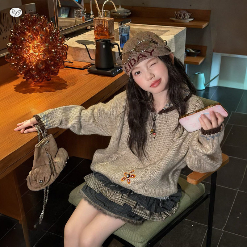 女童2026秋季新款韩版重工刺绣麻花毛衣女孩子温柔拉链针织衫外套
