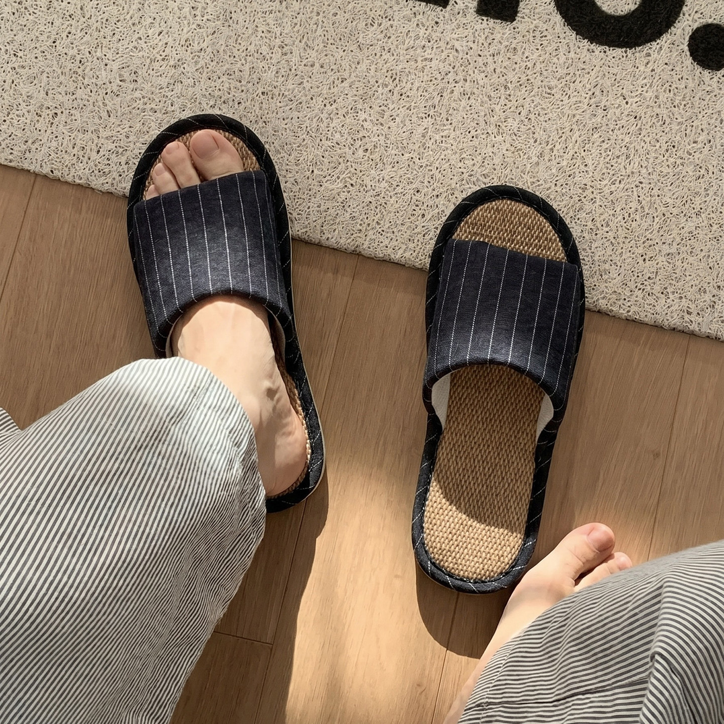 日式条纹亚麻拖鞋男士室内家居吸汗防滑防臭棉麻春秋拖鞋男四季