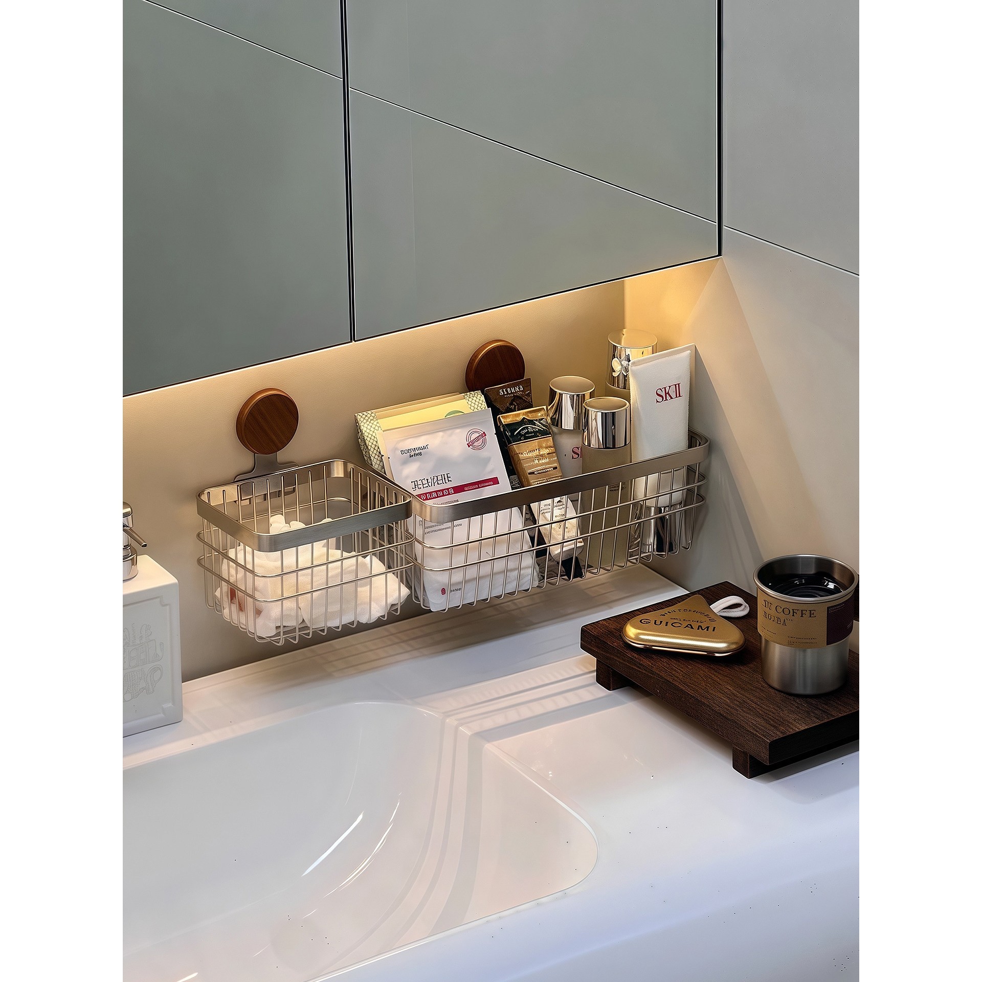 洗漱台置物架壁挂式免打孔不锈钢卫生间家用浴室护肤化妆品收纳