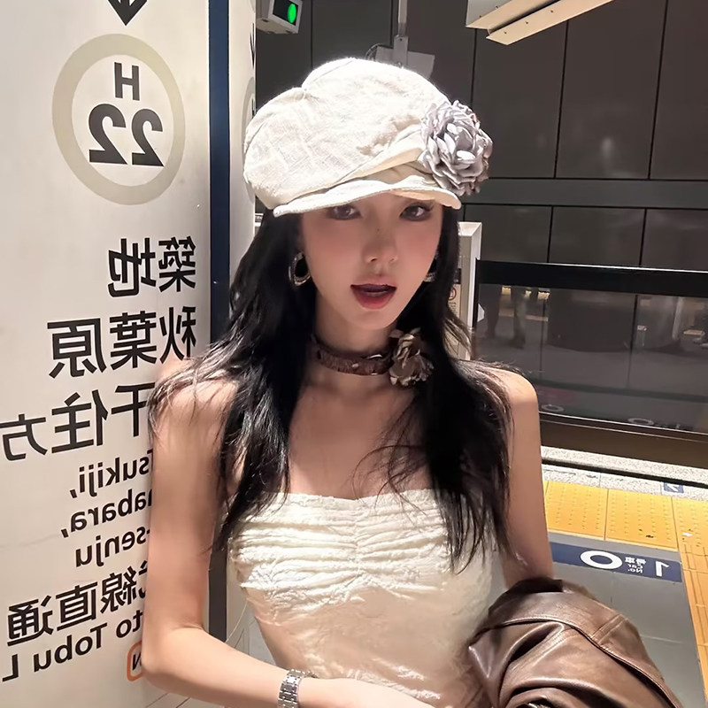 原创透气亚麻花朵不规则褶皱贝雷帽子女春秋文艺大头围百搭报童帽