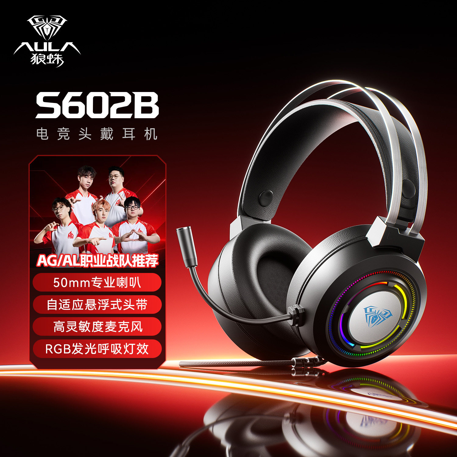 AULA狼蛛S602B头戴式耳机电竞游戏专用台式机电脑有线耳机RGB发光