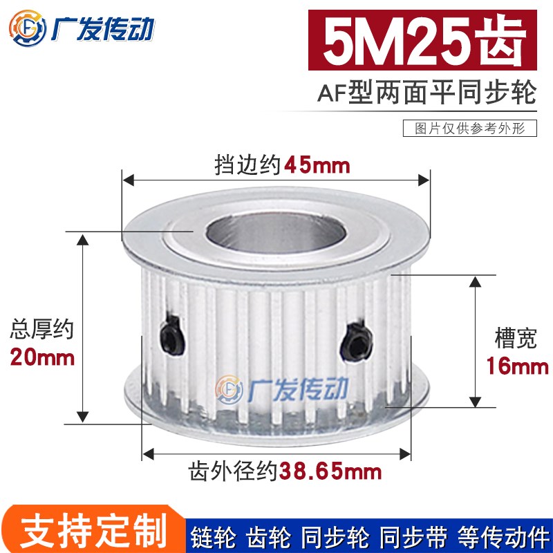 两面平同步轮 5M25齿/5M25T 槽宽16AF型 铝同步皮带S轮 内孔6-22m