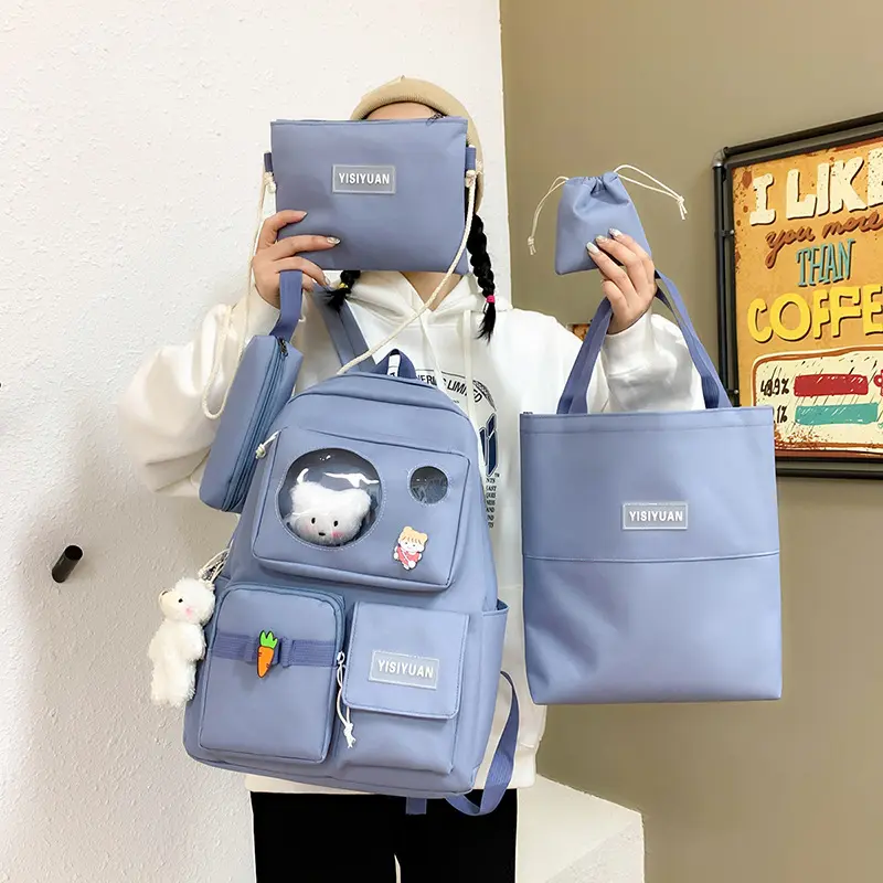 中学生双肩背包新款韩版小熊玩偶女生背包五件套帆布初中生书包女,箱包皮具/热销女包/男包,双肩背包,淘宝优惠券,粉丝福利购,淘宝优惠卷