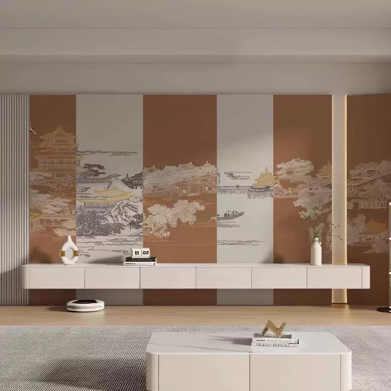 中式新款山水壁纸楼阁轻奢电视背景墙画酒店餐厅客厅墙纸定制壁画