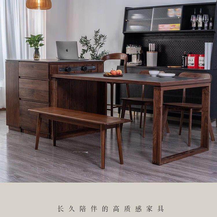 北欧黑胡桃木实木岛台餐桌一体可伸缩移动樱桃木岩板储物柜水吧台