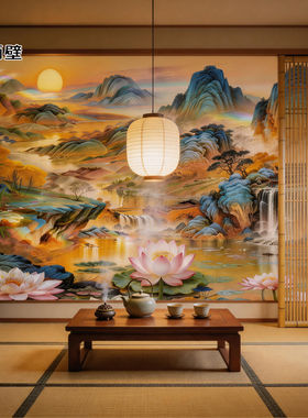 中式禅意山水瀑布背景墙壁画