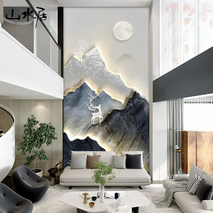 轻奢简约墙纸过道玄关墙布复式 楼别墅挑高客厅电视背景墙壁纸壁画