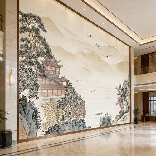 新中式山水背景墙壁画定制