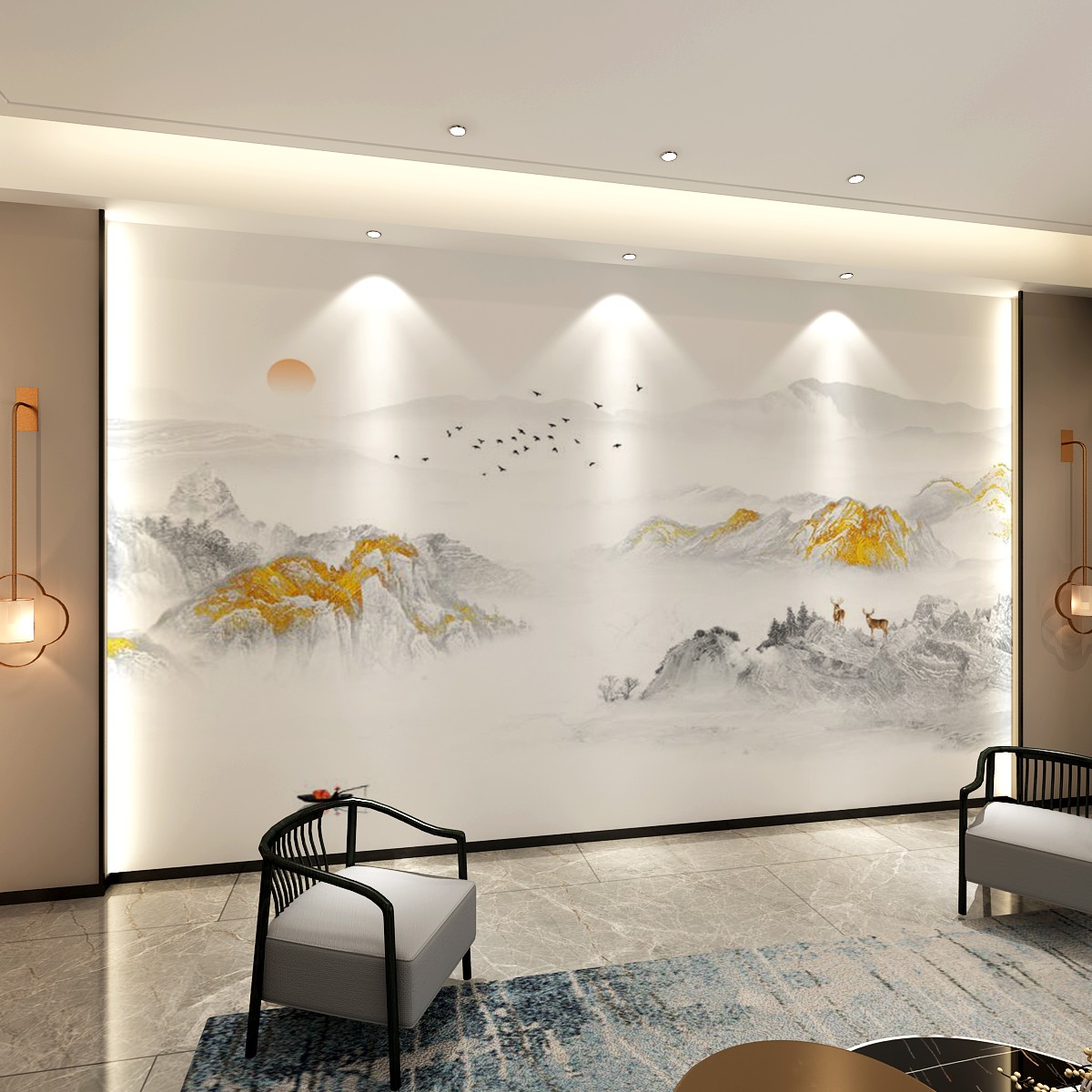 金色麋鹿山水客厅沙发影视墙布