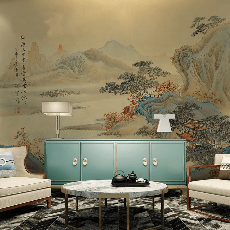 新中式山水画无缝壁布客餐厅电视背景墙壁纸别墅茶室大气复古墙布