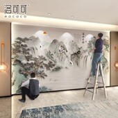 流水生财墙纸新中式 电视背景墙壁纸客厅沙发壁布大气山水国画墙布