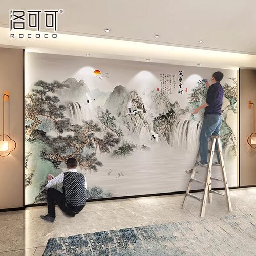 流水生财墙纸新中式山水国画墙布