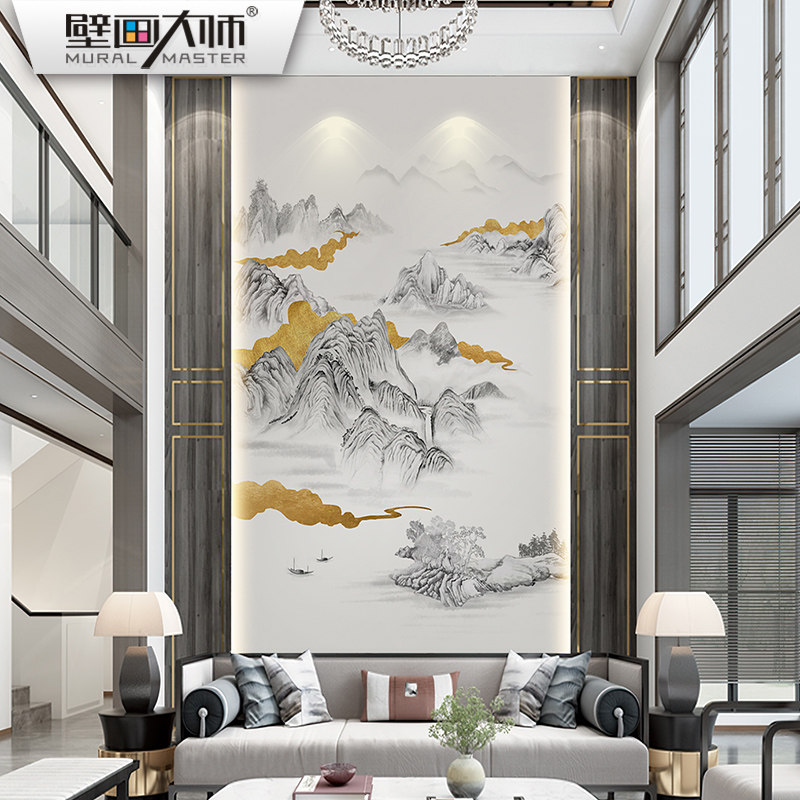 轻奢新中式山水墙布复式别墅客厅沙发壁布电视背景墙壁纸玄关墙布