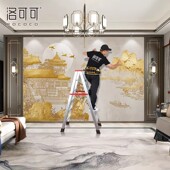 新中式 电视机背景墙壁纸客厅卧室影视墙布轻奢山水壁布3D楼阁壁画