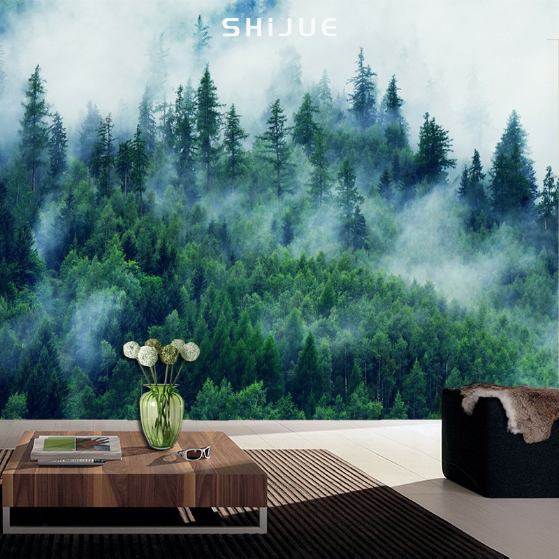 北欧森林壁纸客厅大树沙发壁画电视背景墙布壁布自然风景绿色壁纸,家装主材,定制壁画,淘宝优惠券,粉丝福利购,淘宝优惠卷