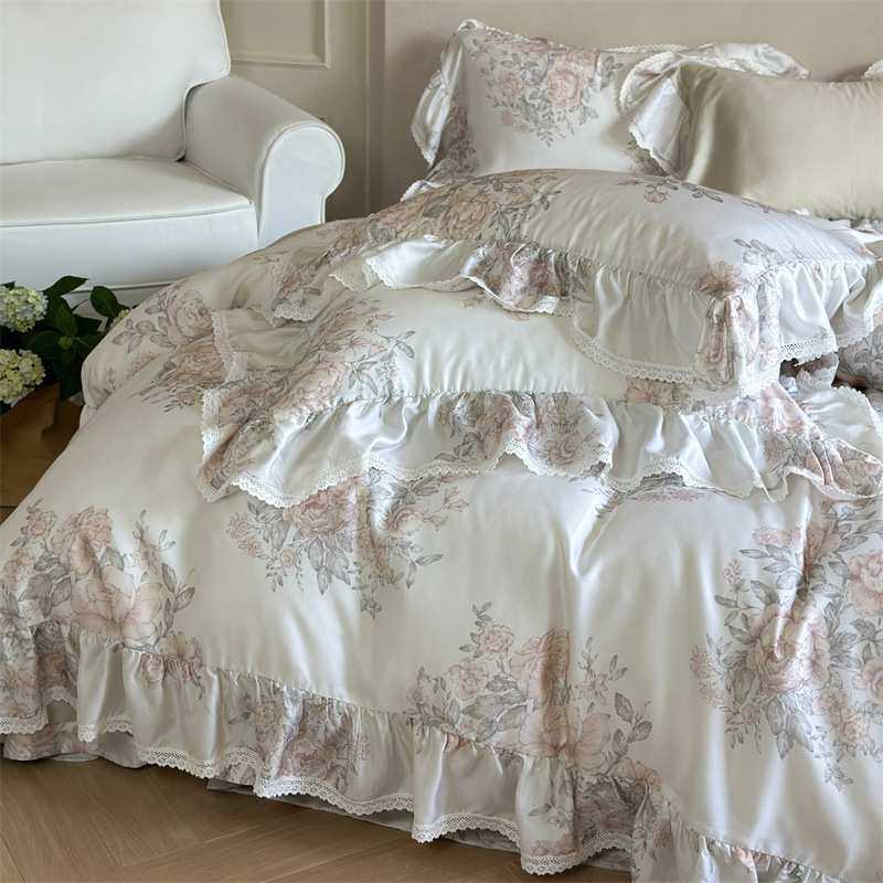 法式夏季60支天丝冰丝四件套数码印花荷叶边被套丝滑裸睡床上用品