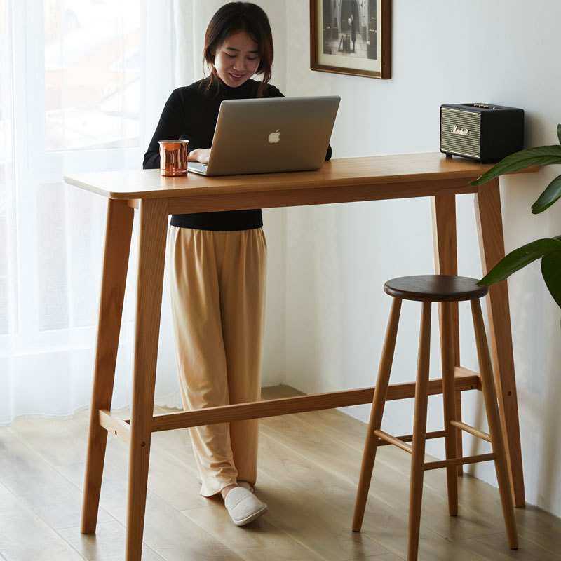 北欧实木吧台桌家用简约靠墙高脚桌椅餐厅奶茶店长条休闲原木餐桌