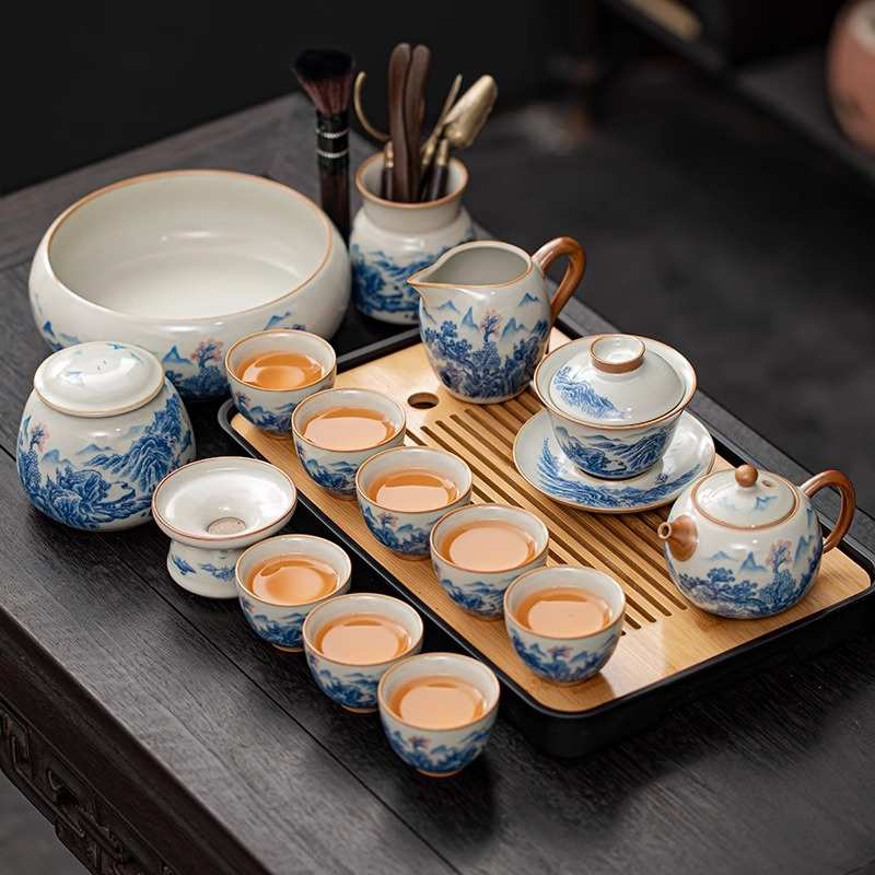 汝窑茶壶青花茶具开片可养陶瓷西施壶青瓷盖碗套装家用主人杯