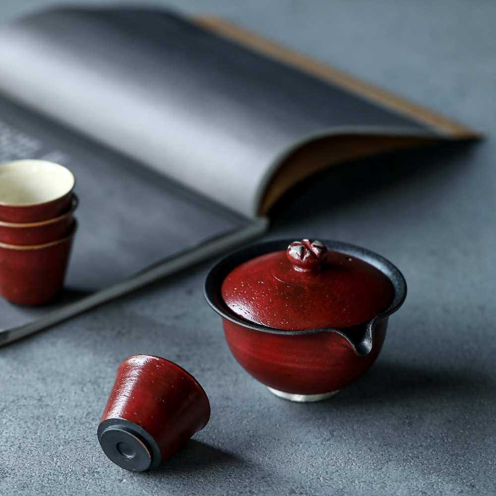 景德镇故宫红极简概括盖碗陶艺家系列茶杯仿古品茗杯文人茶具套装