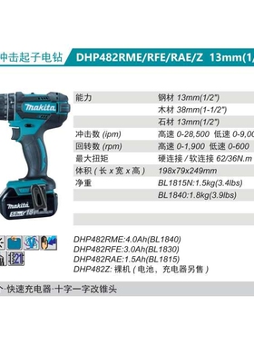 牧田Makita充电式冲击起子电钻DHP482RME/Z锂电18V冲击钻
