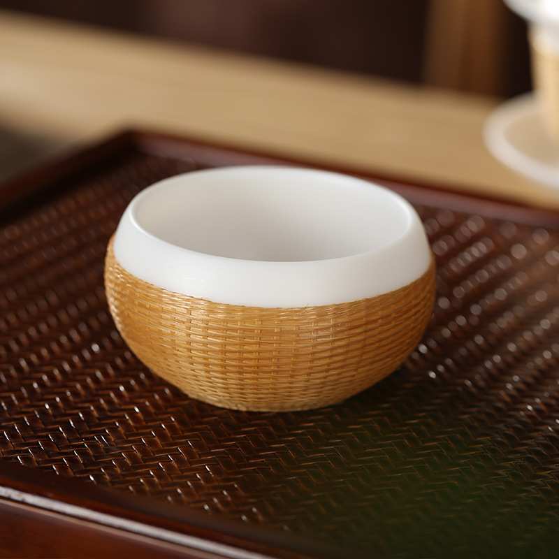 手工竹丝扣瓷茶杯羊脂白玉盖碗家用办公室竹编茶杯茶具套装主人杯