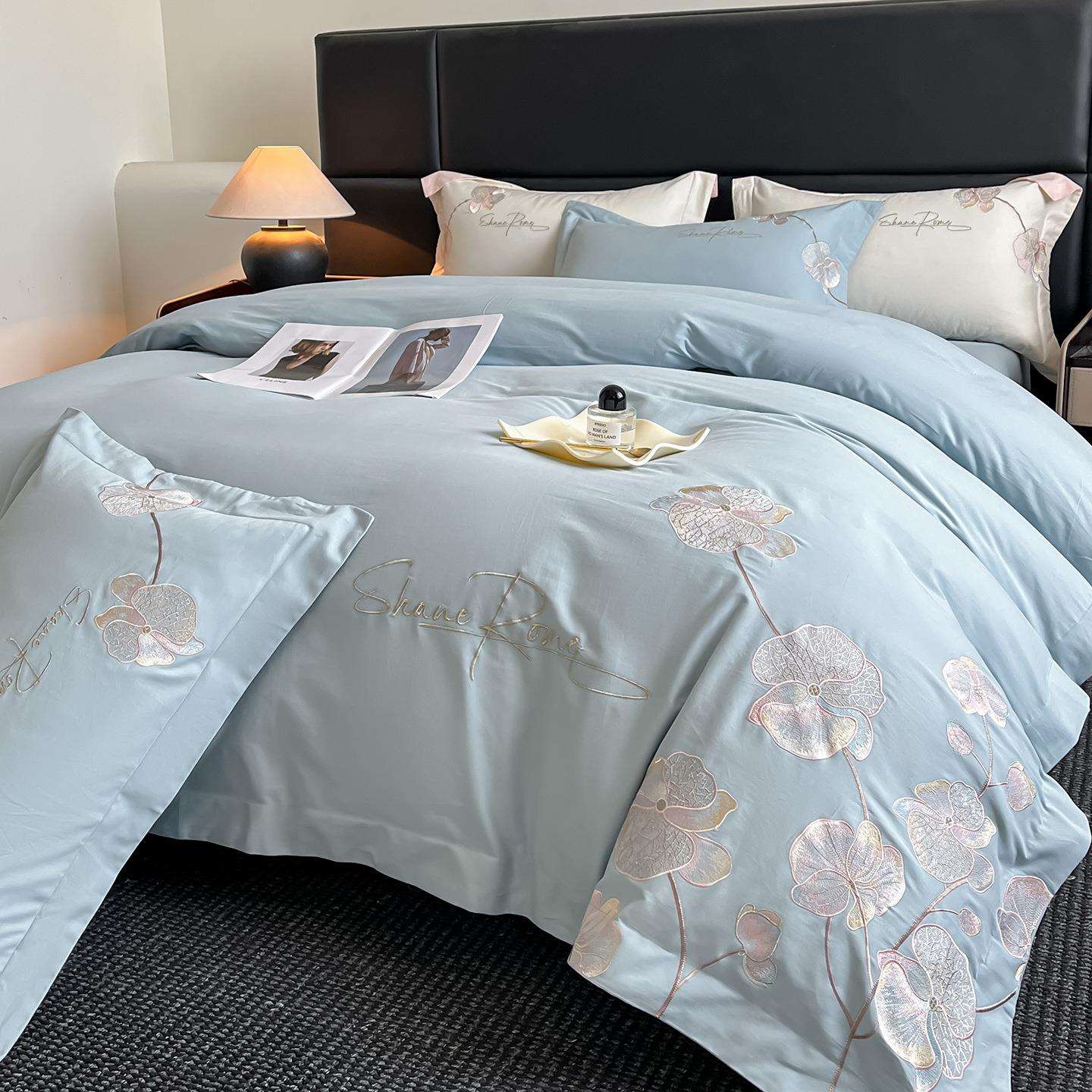 高端秋冬季刺绣加厚全棉磨毛四件套纯棉被套床单笠轻奢裸睡三件套