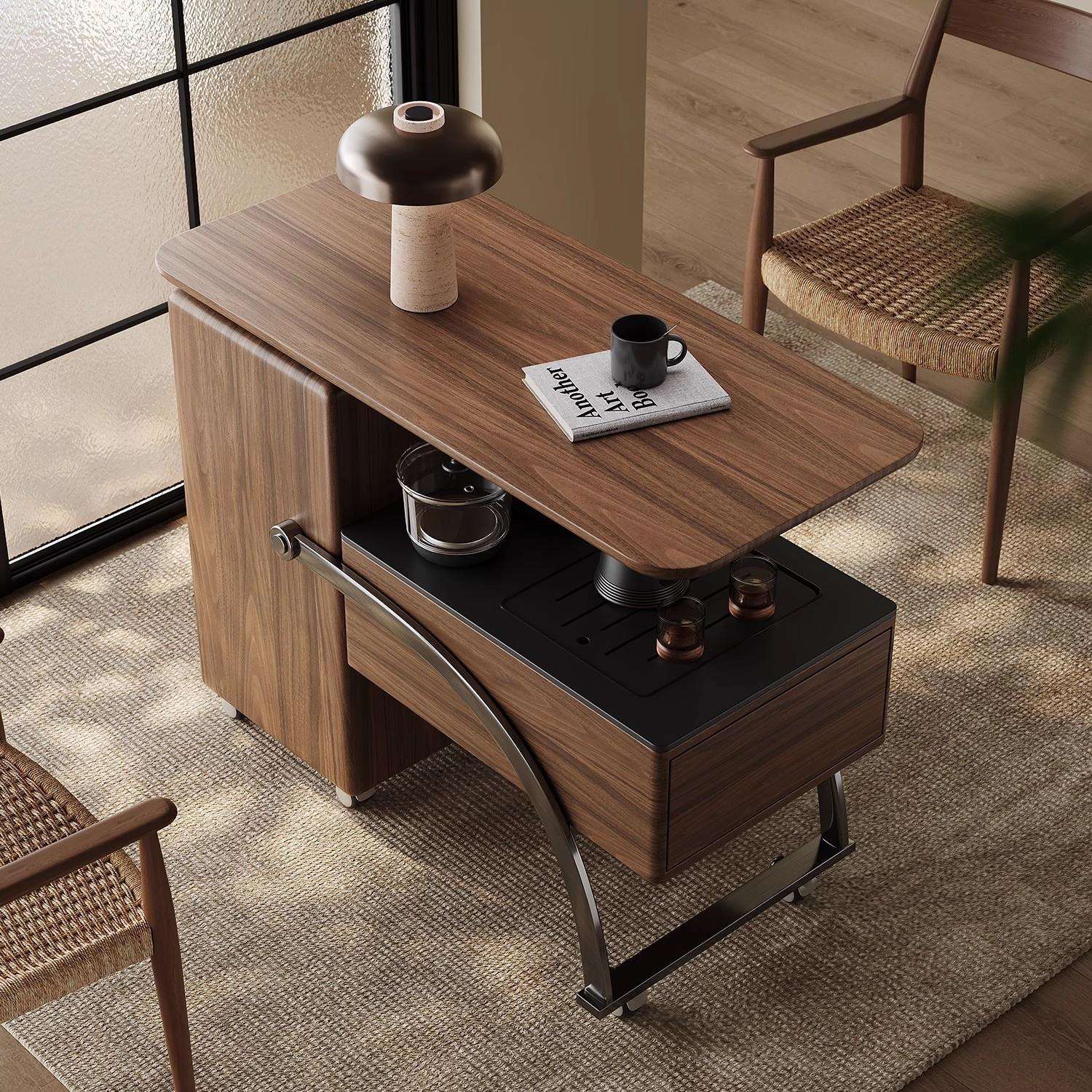 阳台茶桌小型家用功夫胡桃现代简约移动泡茶台新款实木可旋转茶车