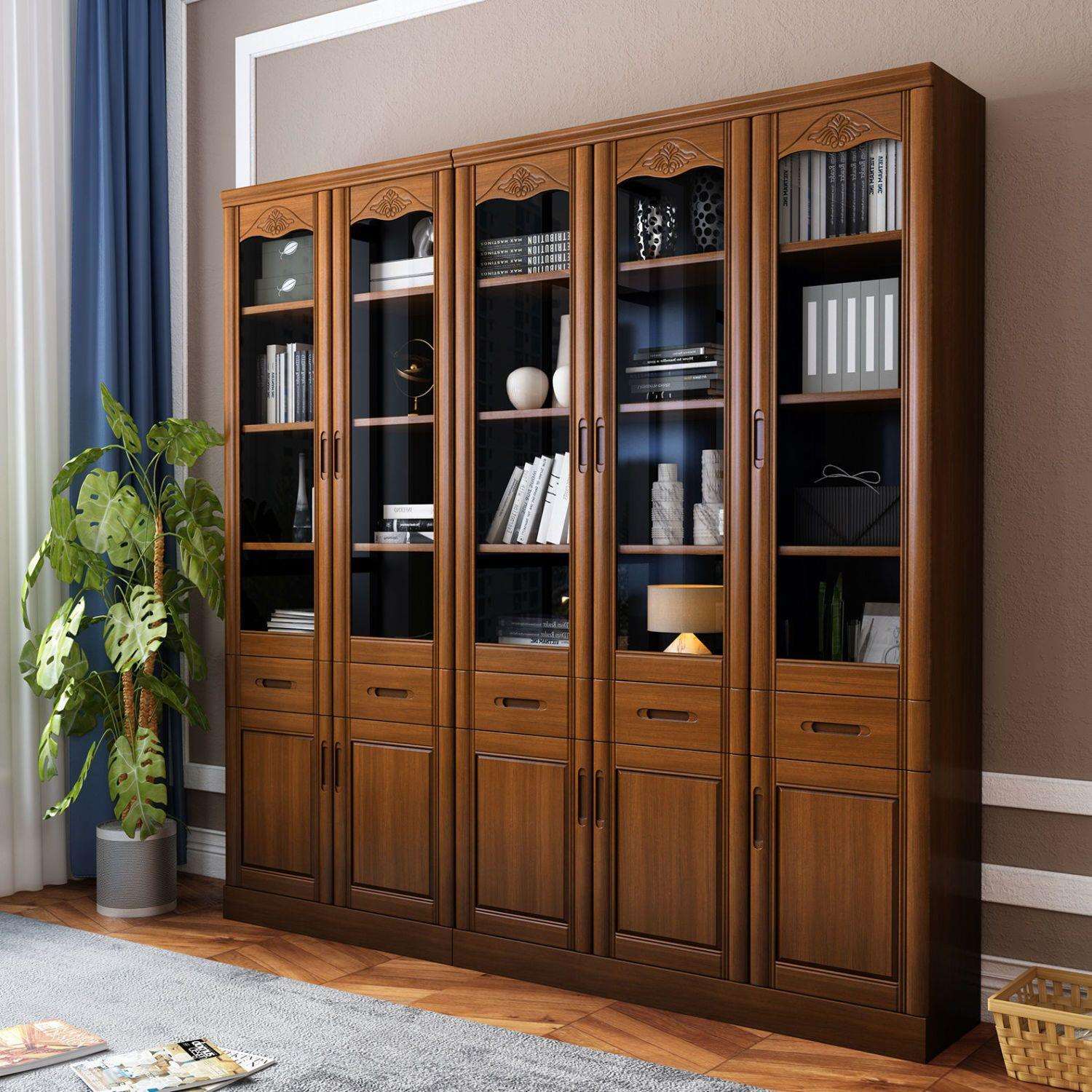全实木书柜书架书橱带玻璃门现代简约中式落地组合办公室文件柜