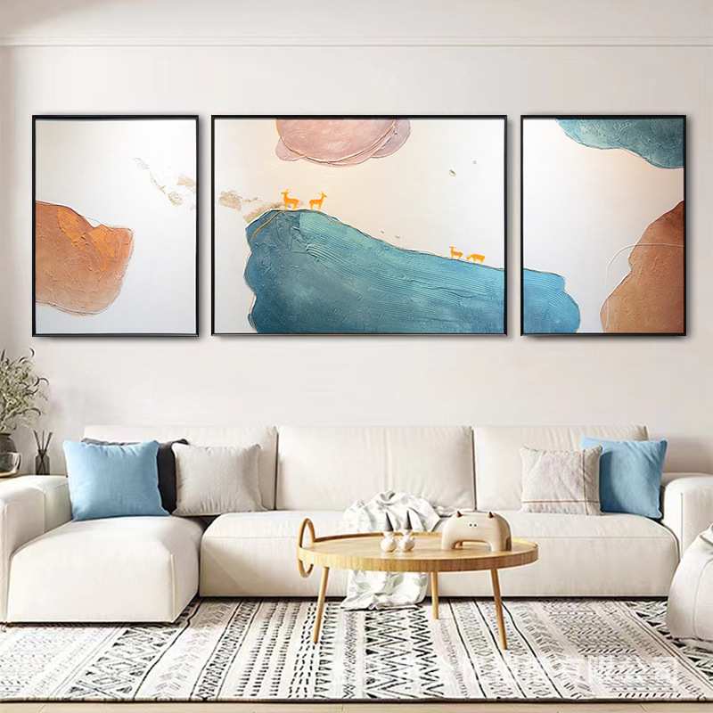 石来运转纯手绘现代简约抽象色块装饰画客厅三联立体油画肌理挂画