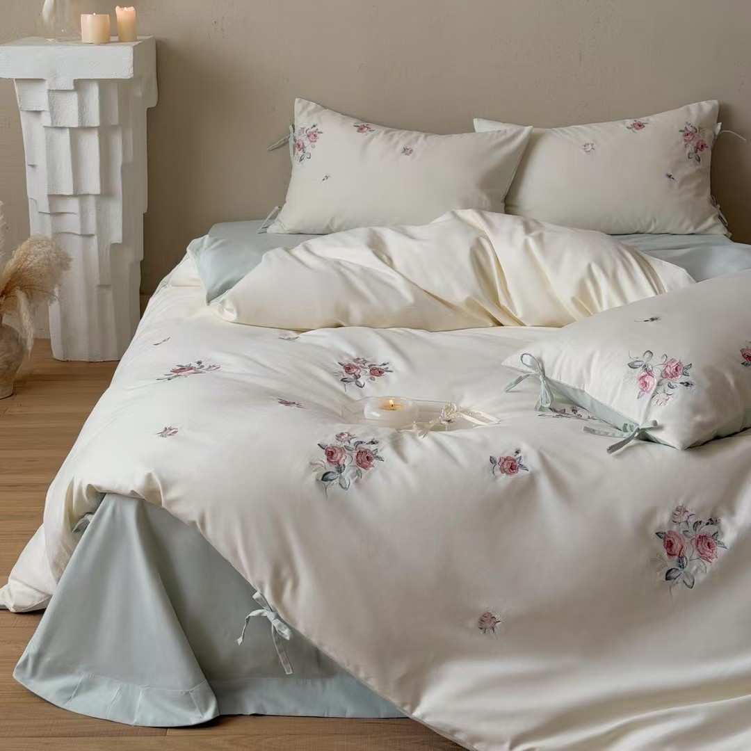小清新田园公主100S全棉加厚磨毛四件套纯棉刺绣被套床单床上用品
